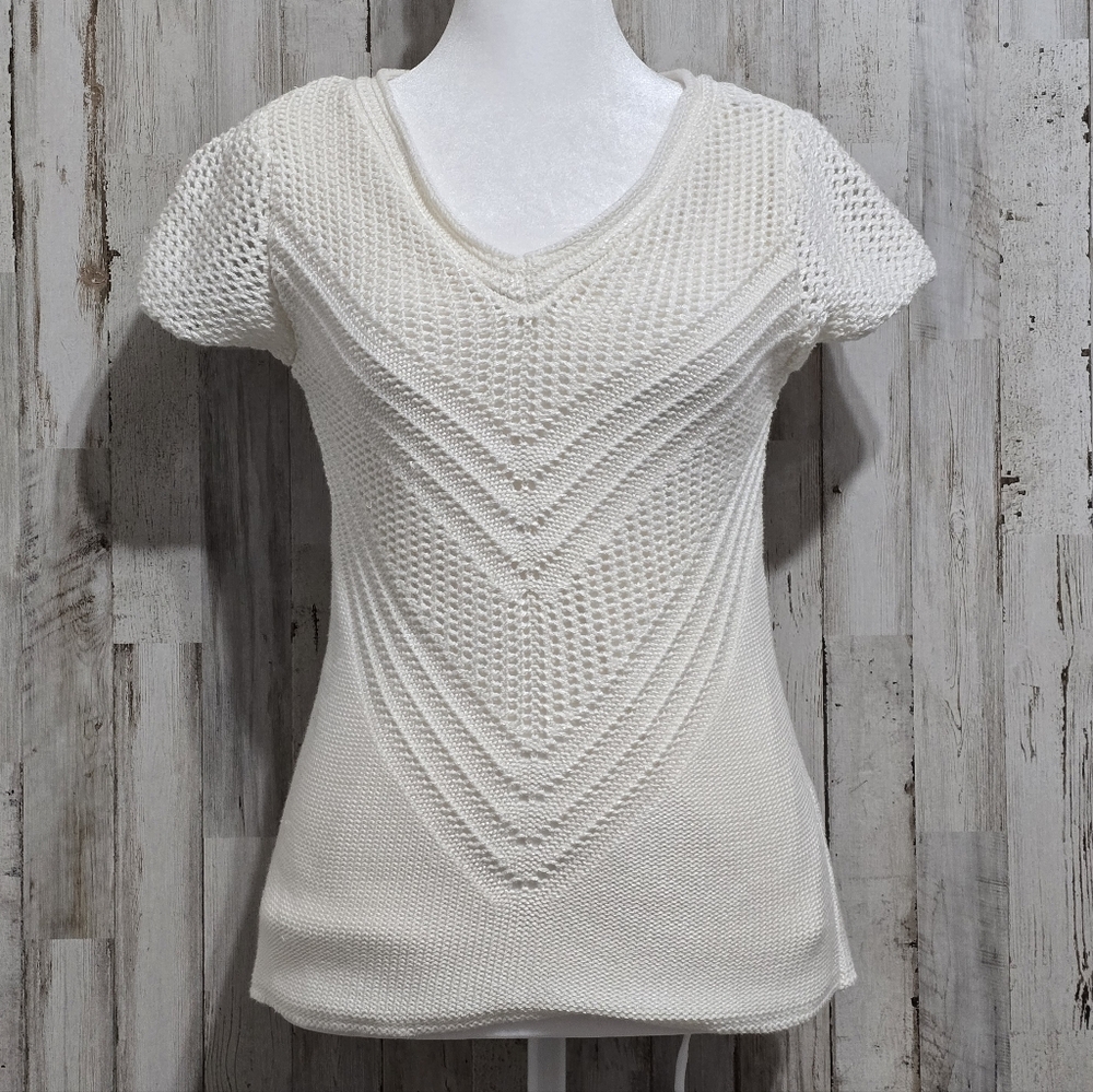 AB Studio Ivory White Knit Crochet V Neck Short Sleeve Y2K Top Size Small